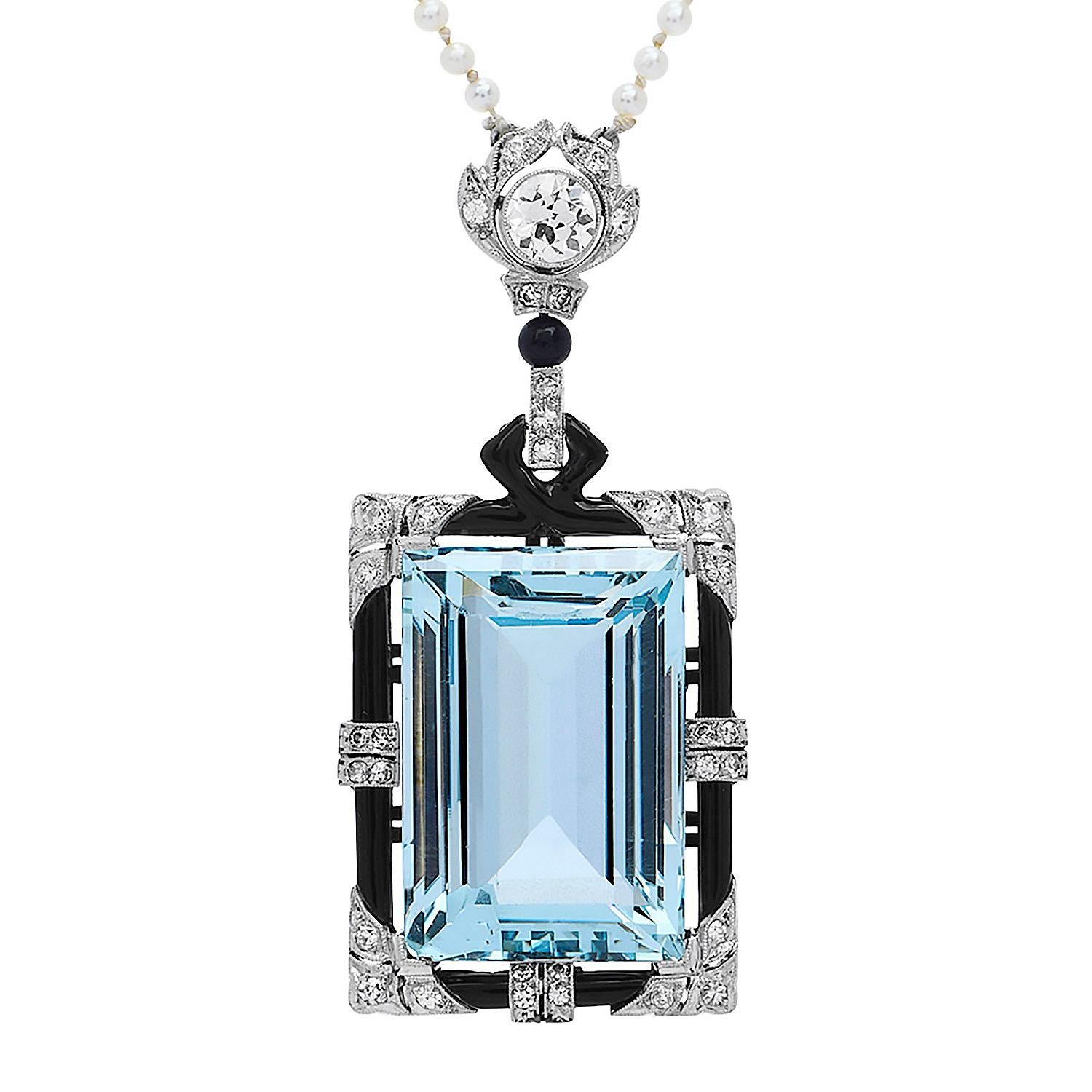 Women's or Men's Antique Deco Aquamarine Diamond Onyx Pearl Gold Pendant Necklace For Sale