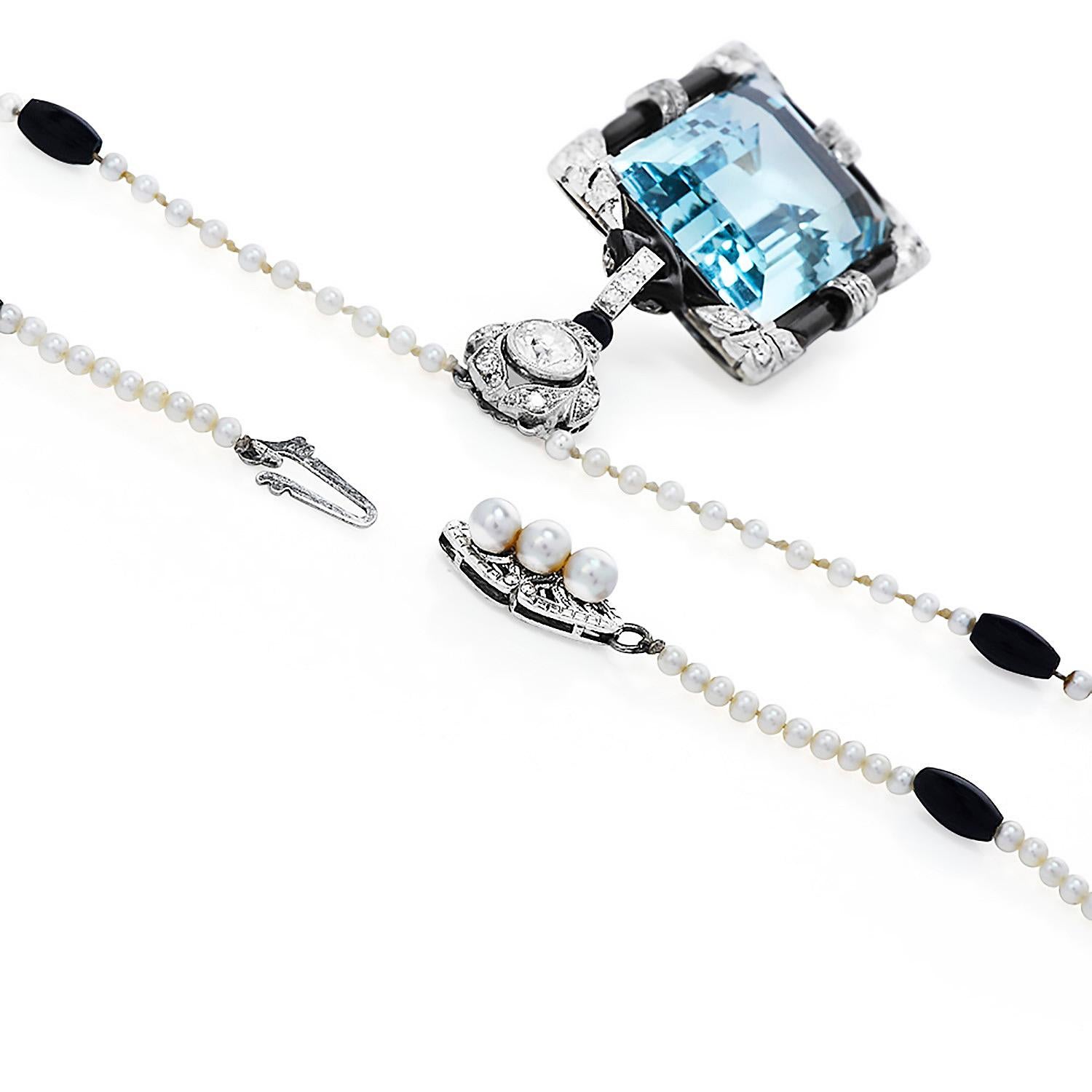 Antique Deco Aquamarine Diamond Onyx Pearl Gold Pendant Necklace For Sale 1
