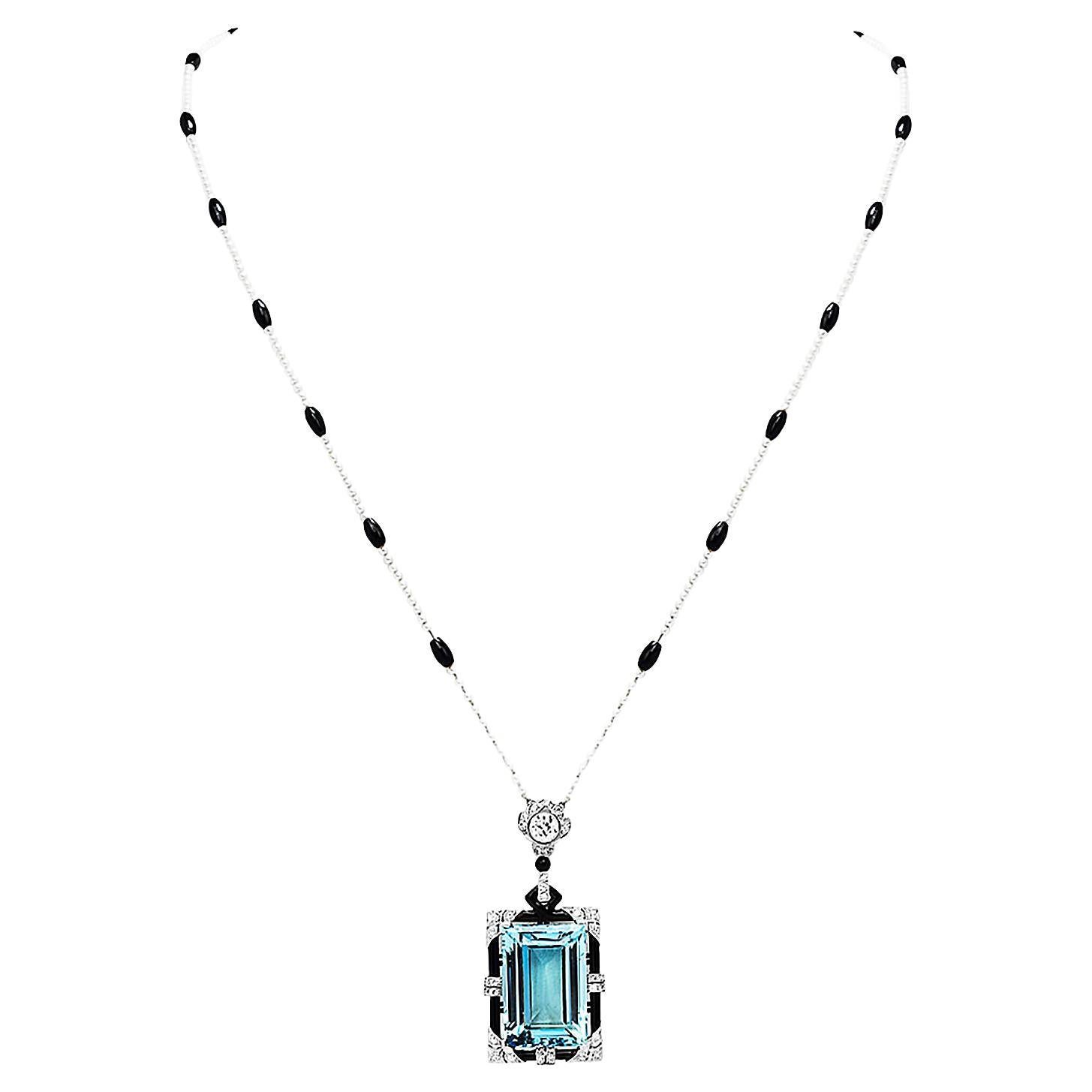 Antique Deco Aquamarine Diamond Onyx Pearl Gold Pendant Necklace For Sale