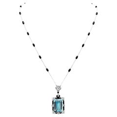 Antique Deco Aquamarine Diamond Onyx Pearl Gold Pendant Necklace