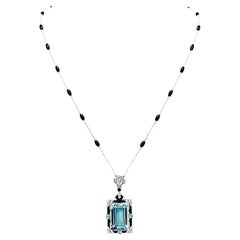 Used Deco Aquamarine Diamond Onyx Pearl Gold Pendant Necklace