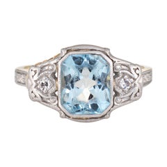 Antique Deco Aquamarine Diamond Ring 14 Karat Gold Platinum Estate Jewelry