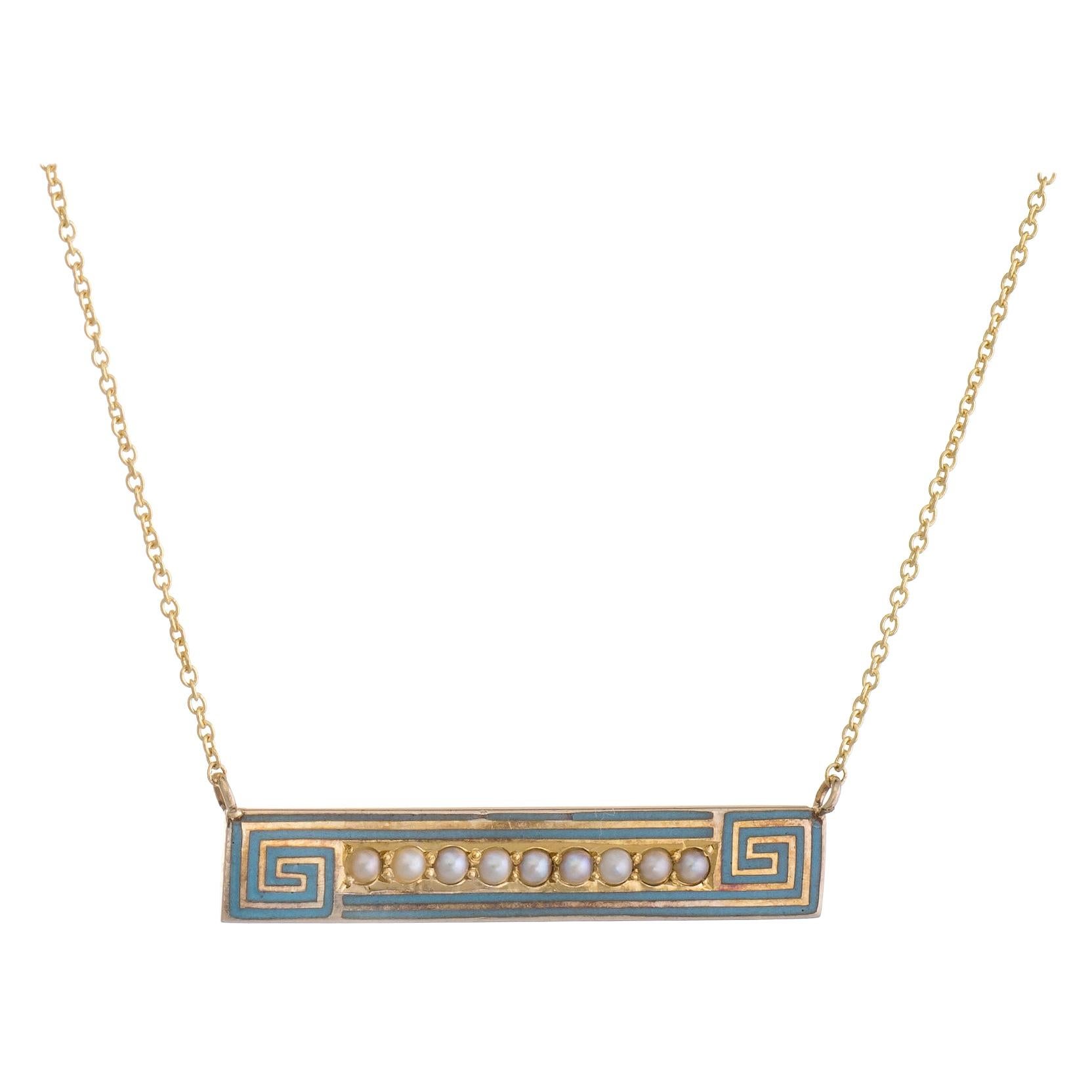 Antique Deco Bar Necklace Enamel Greek Key Pearl 10k Gold Conversion Jewelry
