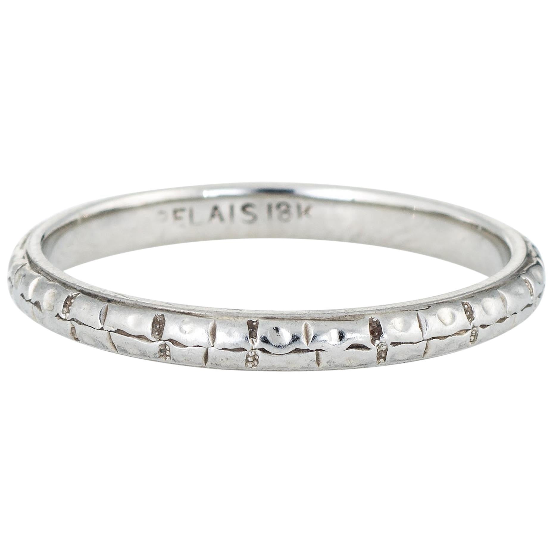 Antique Deco Belais Ring 18 Karat White Gold Wedding Band Estate Fine Jewelry