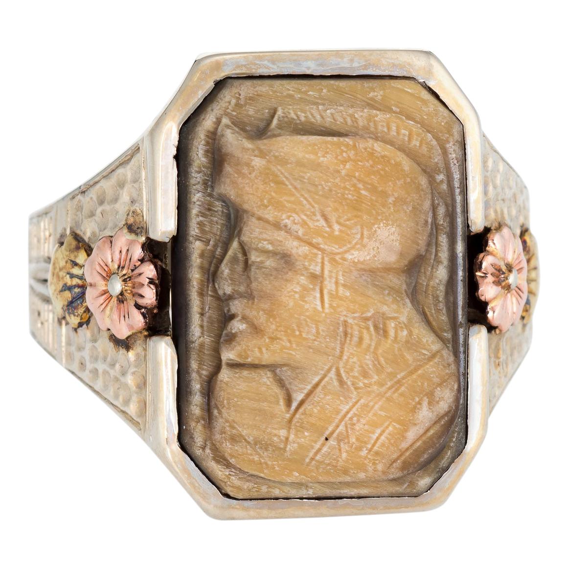 Antique Deco Cameo Ring Men's Tigers Eye 14 Karat White Gold Vintage Jewelry