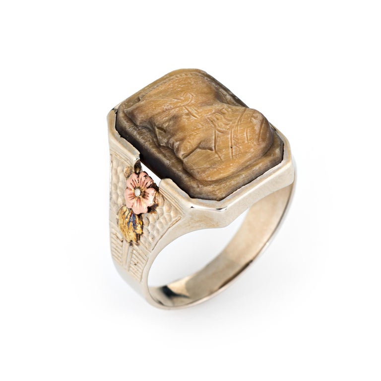 Antique Deco Cameo Ring Men's Tigers Eye 14 Karat White Gold Vintage
