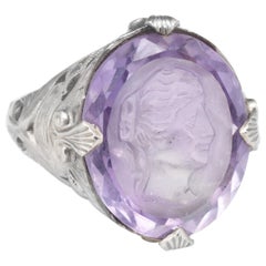 Antique Deco Carved Amethyst Intaglio Ring Vintage 14 Karat White Gold Filigree