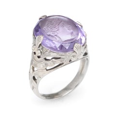 Antique Deco Carved Amethyst Intaglio Ring Vintage 14 Karat White Gold Filigree