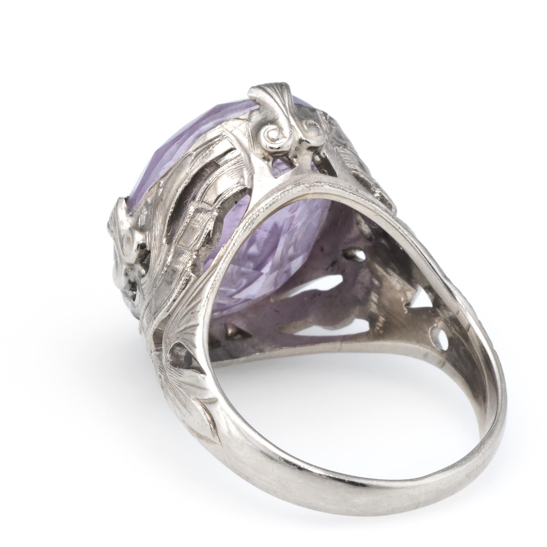 Art Deco Antique Deco Carved Amethyst Intaglio Ring Vintage 14 Karat White Gold Filigree