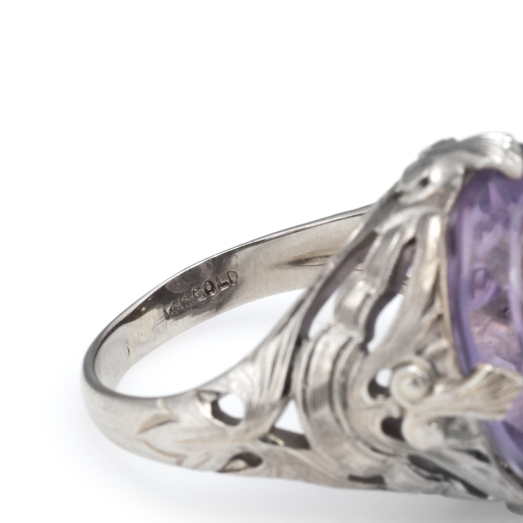 Antique Deco Carved Amethyst Intaglio Ring Vintage 14 Karat White Gold Filigree In Excellent Condition In Torrance, CA