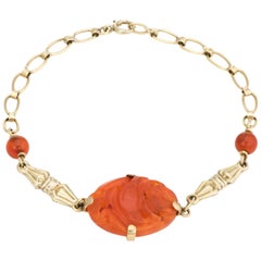 Antique Deco Carved Carnelian Bracelet Vintage 14 Karat Gold Estate Jewelry