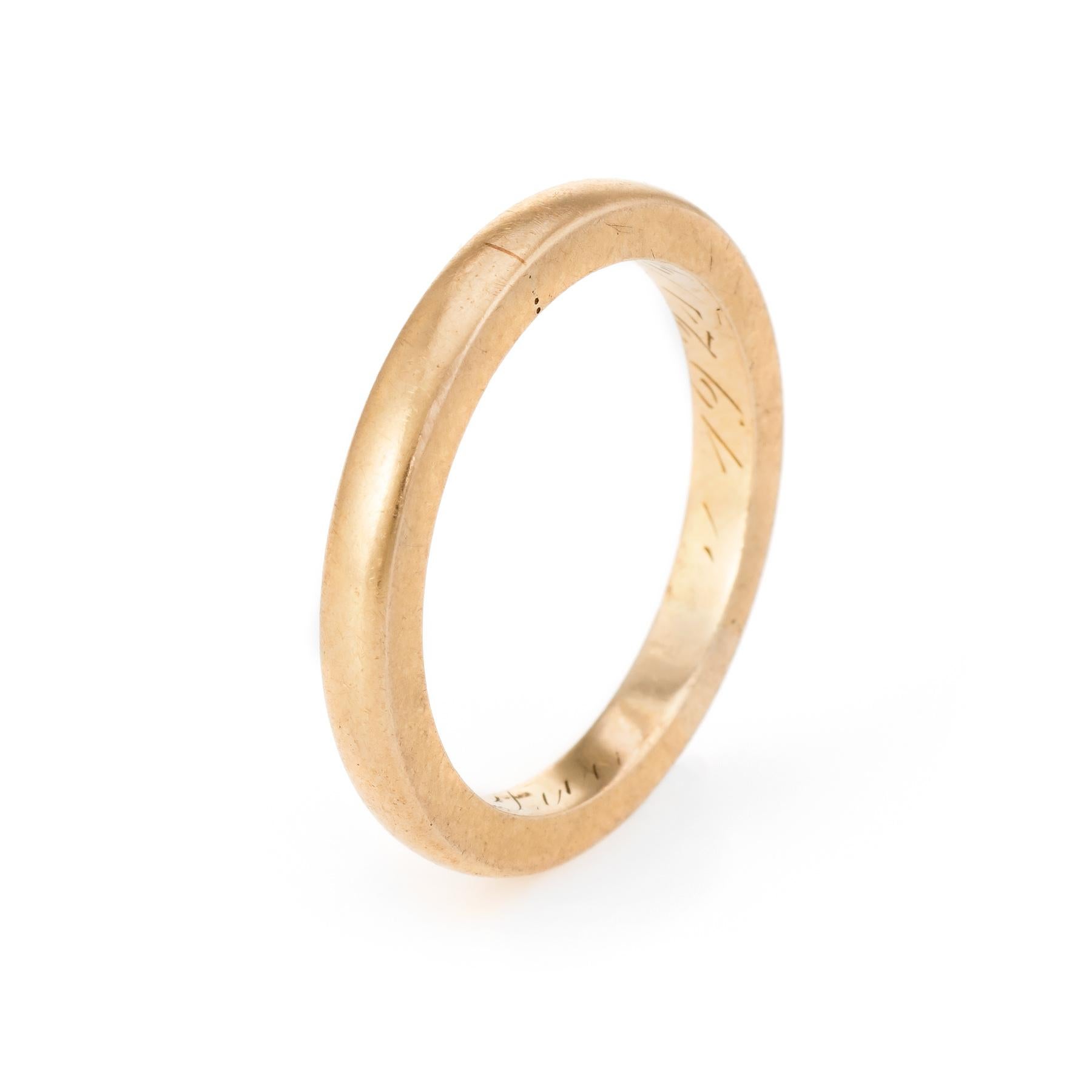 Art Deco era wedding band (circa 1924), crafted in 15 karat yellow gold.

The inner band is engraved though due to wear some of the inscription we are unable to decipher. We can see the year 1924.
 
The overall condition of the ring is very good. We