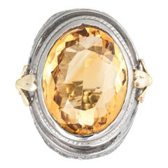 Antique Deco Citrine Ring 10 Karat White Gold Filigree Cocktail Jewelry Vintage