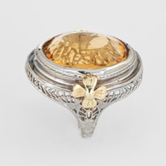 Antique Deco Citrine Ring 10 Karat White Gold Filigree Cocktail Jewelry Vintage