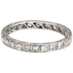 Antique Deco Diamond Band Platinum Wedding Ring Etched Vintage Jewelry