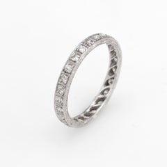 Antique Deco Diamond Band Platinum Wedding Ring Etched Vintage Jewelry