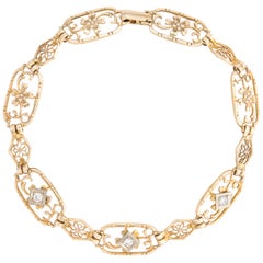 Antique Deco Diamond Bracelet 10 Karat Yellow Gold Flowers Vintage Fine Jewelry