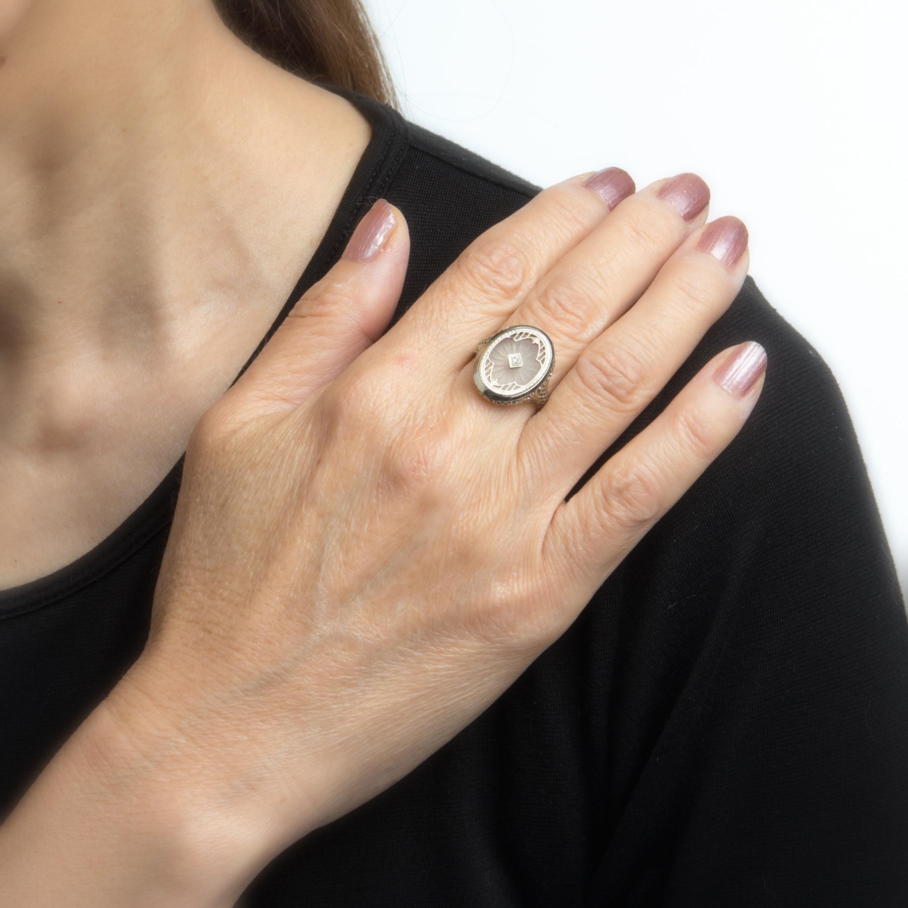 Art Deco Antique Deco Diamond Camphor Glass Ring Filigree Oval Vintage Fine Jewelry