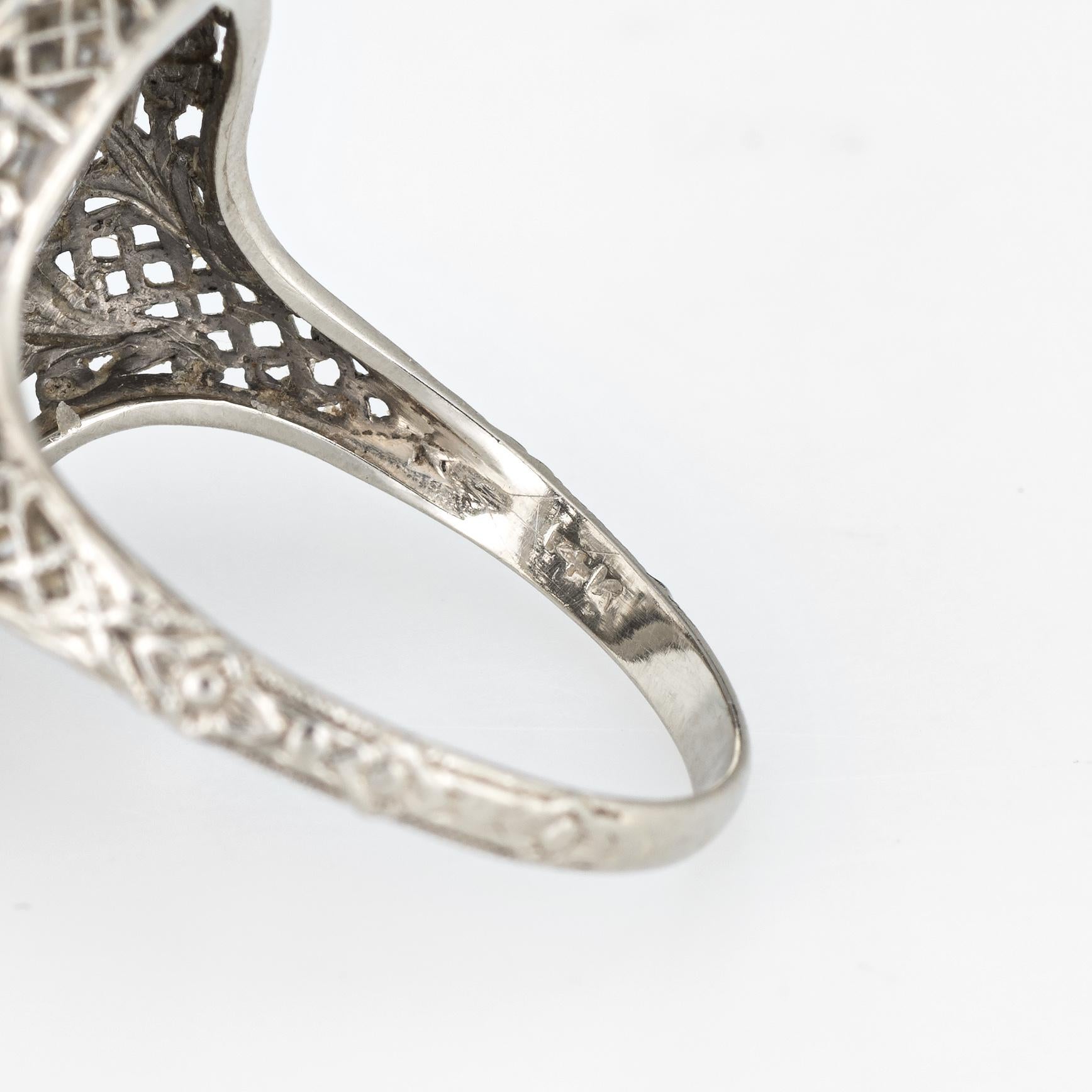 Antique Deco Diamond Camphor Glass Ring Filigree Oval Vintage Fine Jewelry In Excellent Condition In Torrance, CA