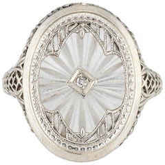 Antique Deco Diamond Camphor Glass Ring Filigree Oval Vintage Fine Jewelry