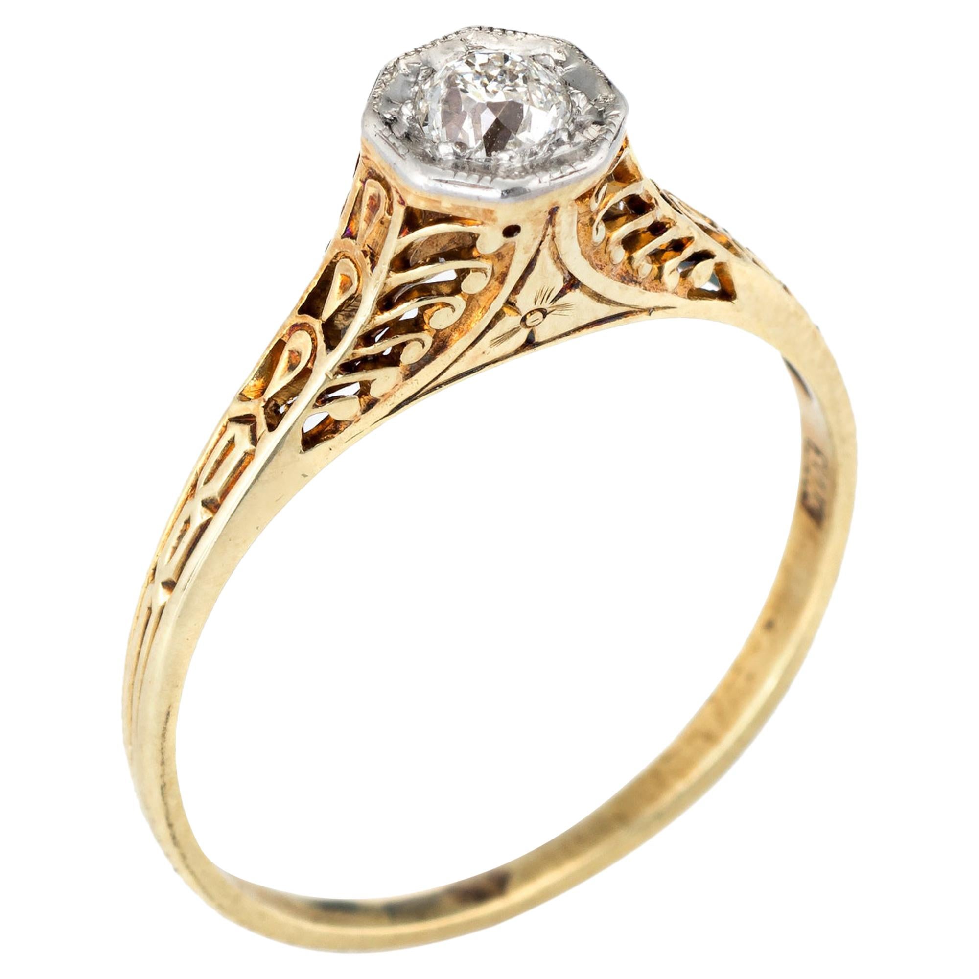 Antique Deco Diamond Ring 14 Karat Yellow Gold Filigree Vintage Jewelry