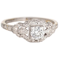 Antique Deco Diamond Engagement Ring Fine Vintage Embossed Platinum