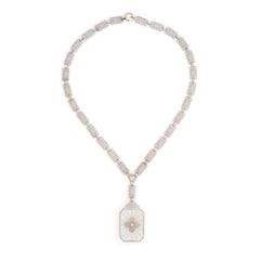 Antique Deco Diamond Necklace Camphor Glass 14K Gold Filigree Drop Vintage Fine