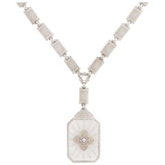 Antique Deco Diamond Necklace Camphor Glass 14K Gold Filigree Drop Vintage Fine