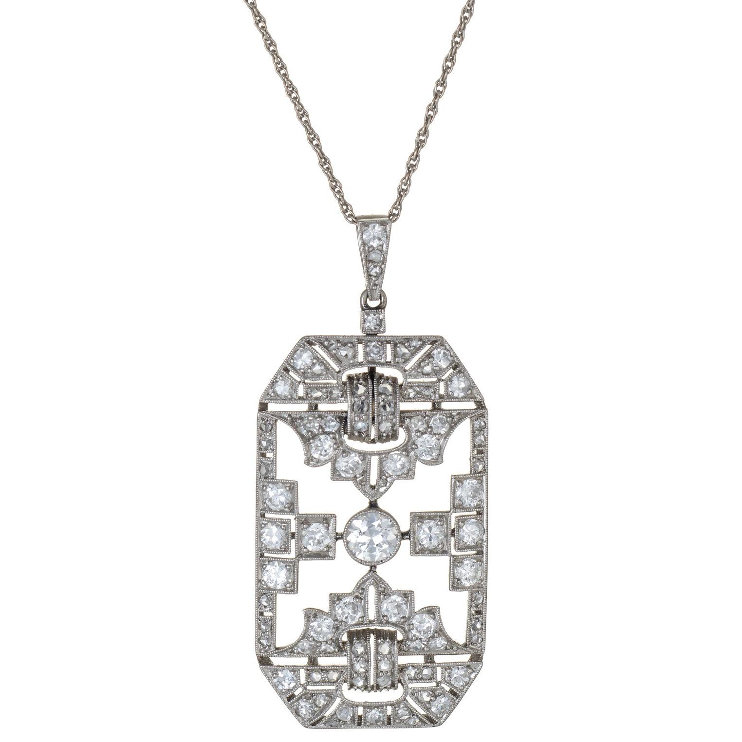 Antique Deco Diamond Platinum Pendant Necklace 