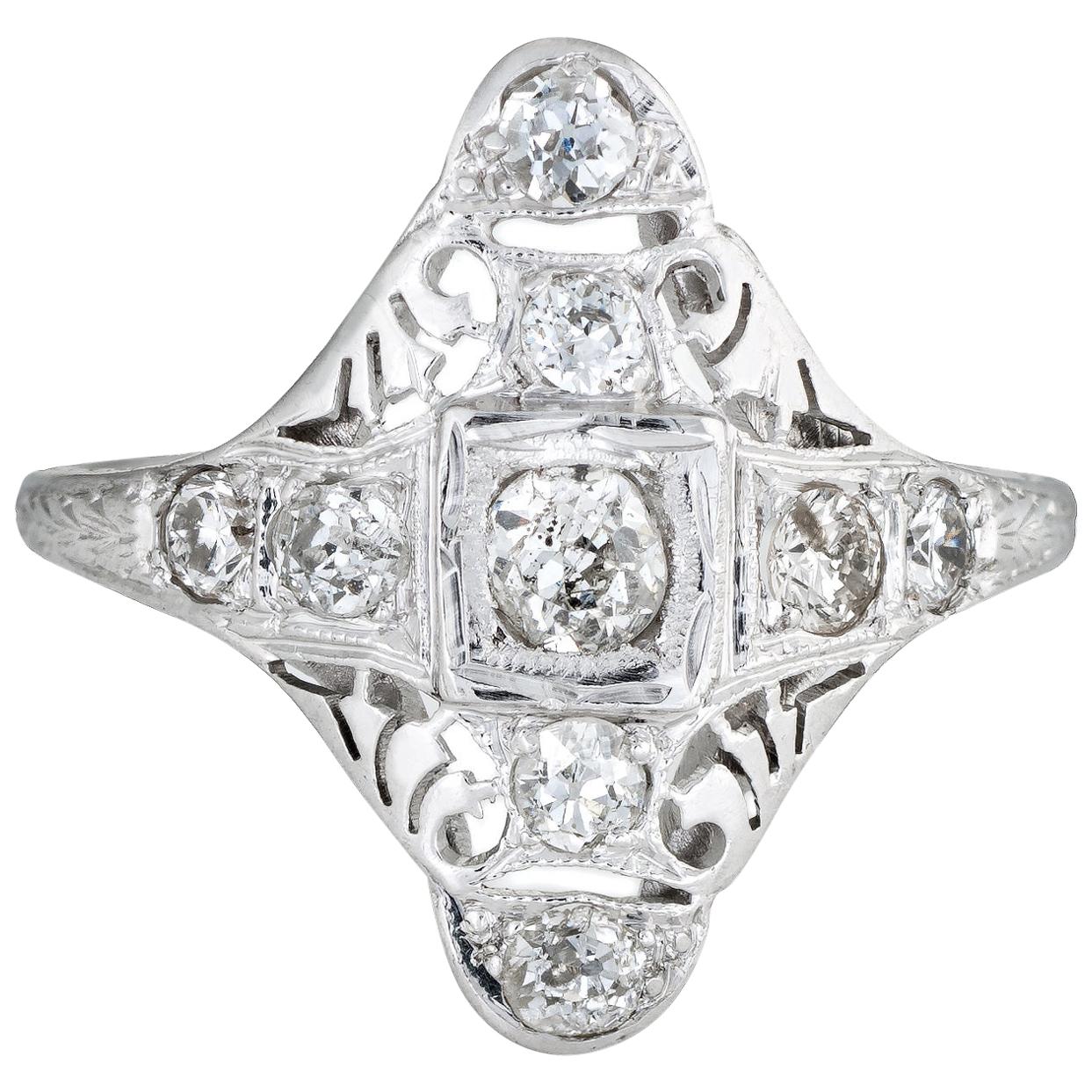 Antique Deco Diamond Ring 18 Karat Gold Filigree Long Shield Dinner Jewelry For Sale