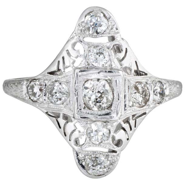 Antique Deco Diamond Ring 18 Karat Gold Filigree Long Shield Dinner ...