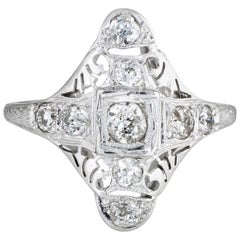 Antique Deco Diamond Ring 18 Karat Gold Filigree Long Shield Dinner Jewelry