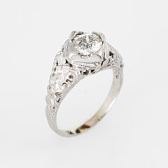 Antique Deco Diamond Ring 18 Karat White Gold Engagement OEC Filigree Jewelry