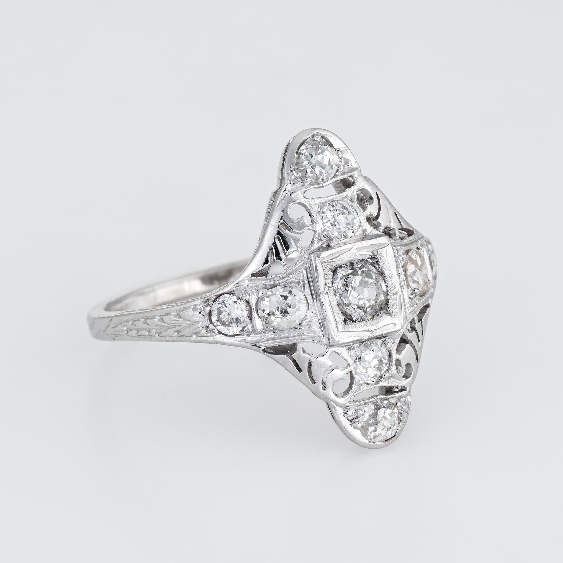 Art Deco Antique Deco Diamond Ring 18 Karat Gold Filigree Long Shield Dinner Jewelry For Sale