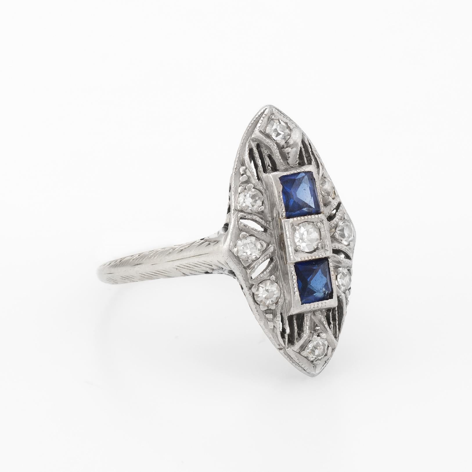 Art Deco Antique Deco Diamond Ring French Cut Sapphire Platinum 18 Karat Filigree Vintage