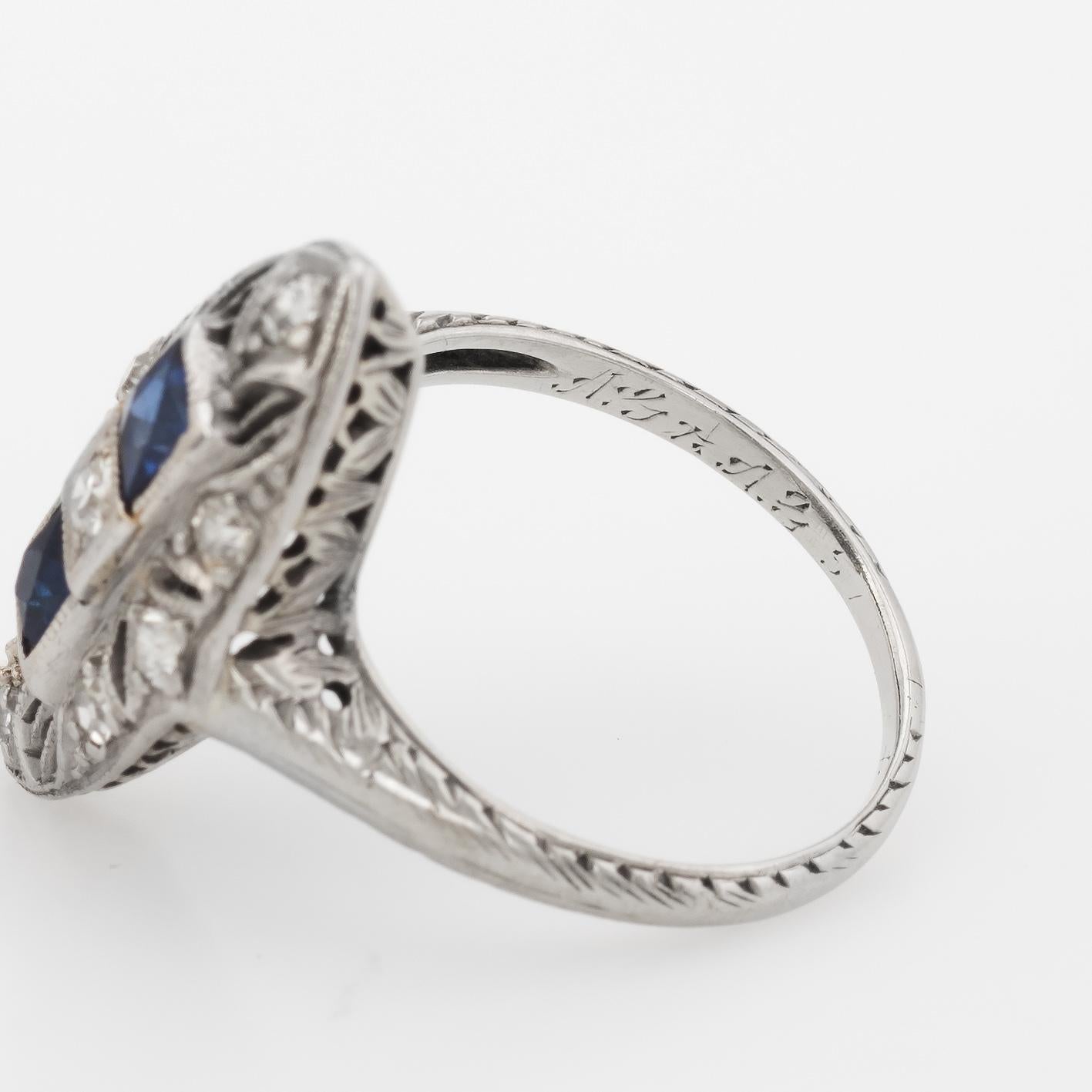 Antique Deco Diamond Ring French Cut Sapphire Platinum 18 Karat Filigree Vintage 1