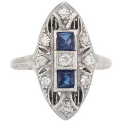 Antique Deco Diamond Ring French Cut Sapphire Platinum 18 Karat Filigree Vintage