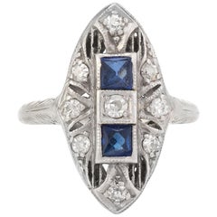 Antique Deco Diamond Ring French Cut Sapphire Platinum 18 Karat Filigree Vintage