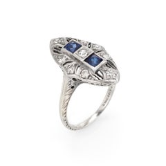 Antique Deco Diamond Ring French Cut Sapphire Platinum 18 Karat Filigree Vintage
