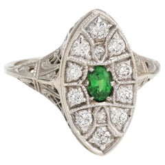 Antique Deco Diamond Ring Navette Emerald Vintage 14 Karat White Gold Filigree