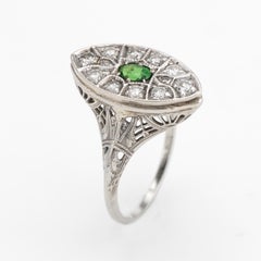 Antique Deco Diamond Ring Navette Emerald Vintage 14 Karat White Gold Filigree
