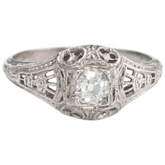 Antique Deco Diamond Ring Platinum Filigree Engagement Vintage Fine Jewelry