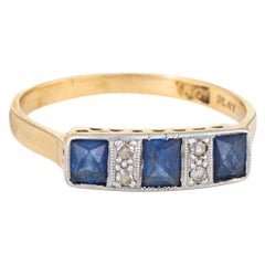 Antique Deco Diamond Sapphire Band 18 Karat Gold Platinum Ring French Cut