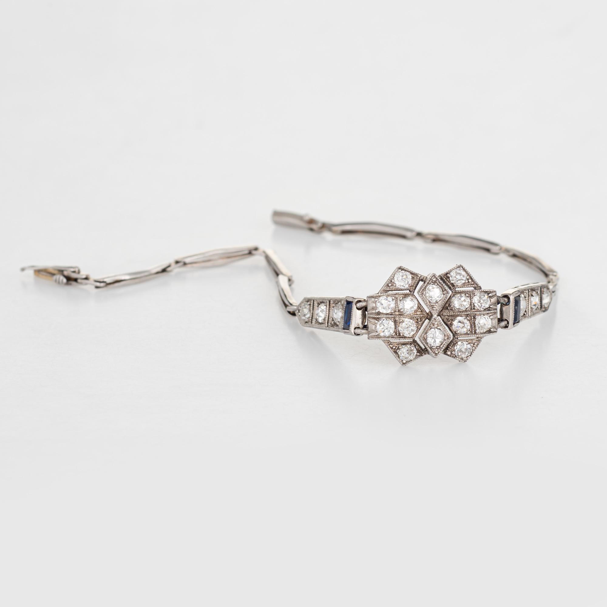 Stylish and elegant vintage Art Deco era bracelet (circa 1920s to 1930s) crafted in 18k white gold & 900 platinum. 

Old mine cut diamonds graduate in size from 0.05 to 0.08 carats, totaling an estimated 1.50 carats (estimated at I-J color and