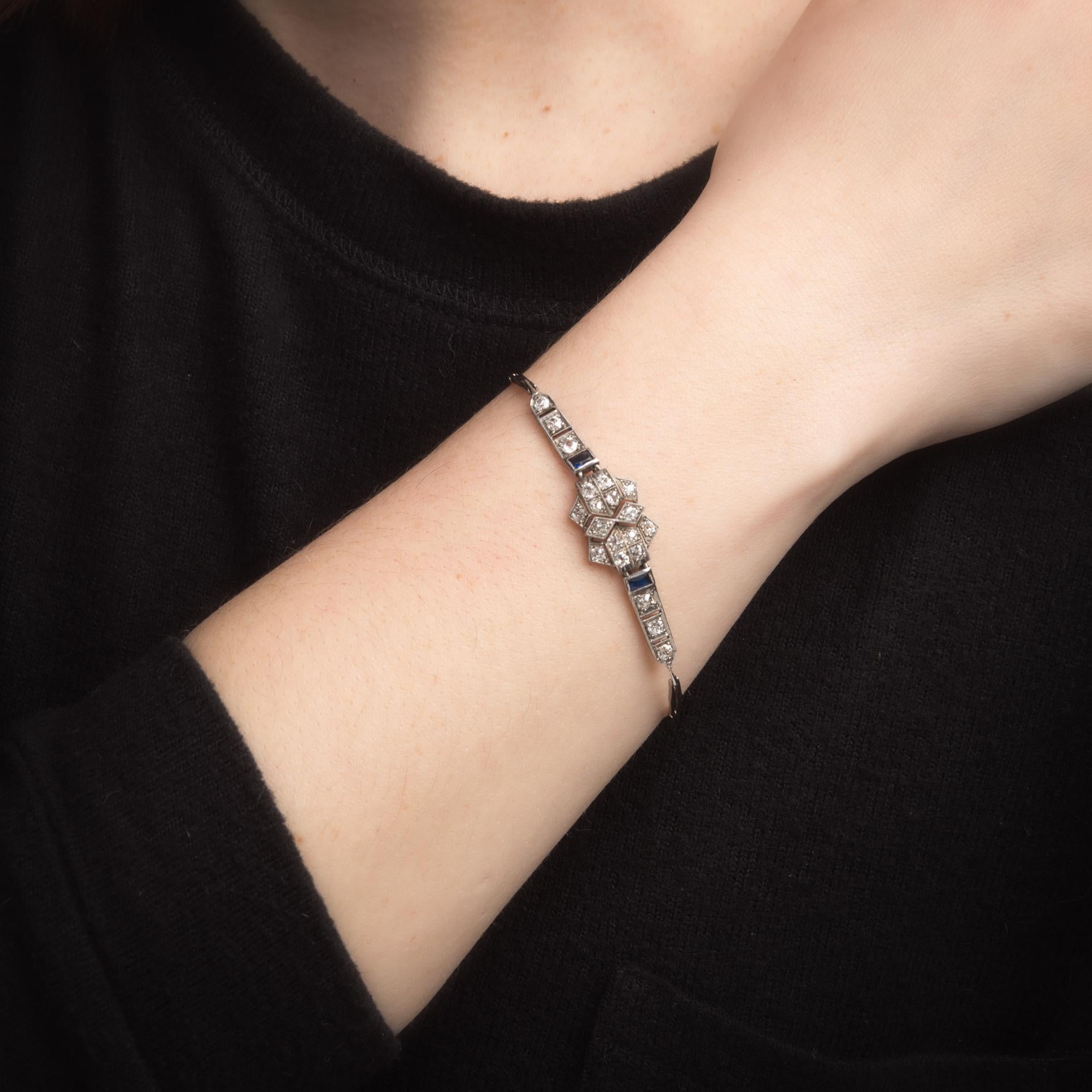 Antique Deco Diamond Sapphire Bracelet Platinum 18 Karat Gold Fine Jewelry In Excellent Condition In Torrance, CA