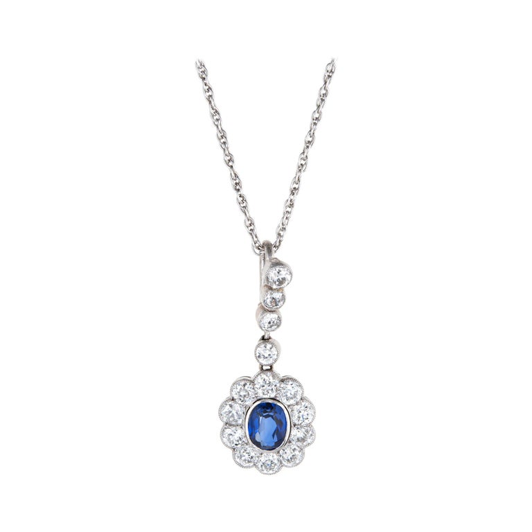 Antique Deco Diamond Sapphire Necklace 14 Karat White Gold Vintage Fine
