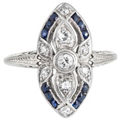 Antique Deco Diamond Sapphire Ring 18 Karat Gold Platinum Shield Cocktail Ring