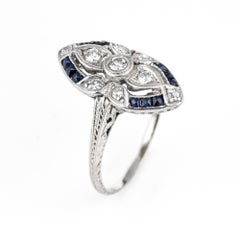 Antique Deco Diamond Sapphire Ring 18 Karat Gold Platinum Shield Cocktail Ring
