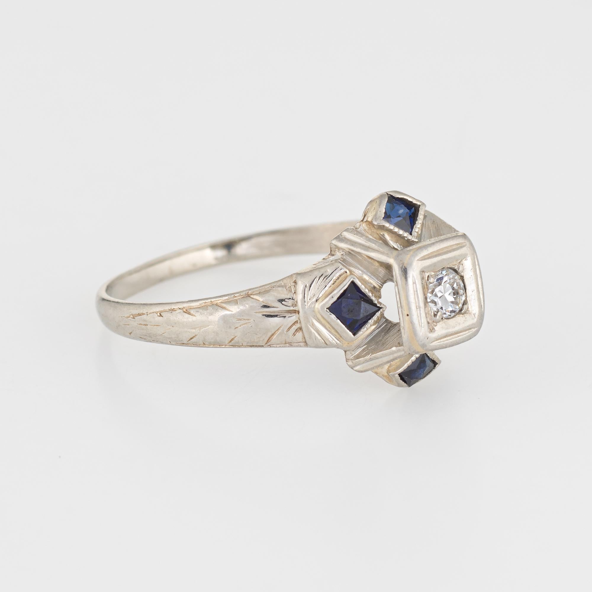 Art Deco Antique Deco Diamond Sapphire Ring 20k White Gold Vintage Fine Jewelry 6.25 For Sale