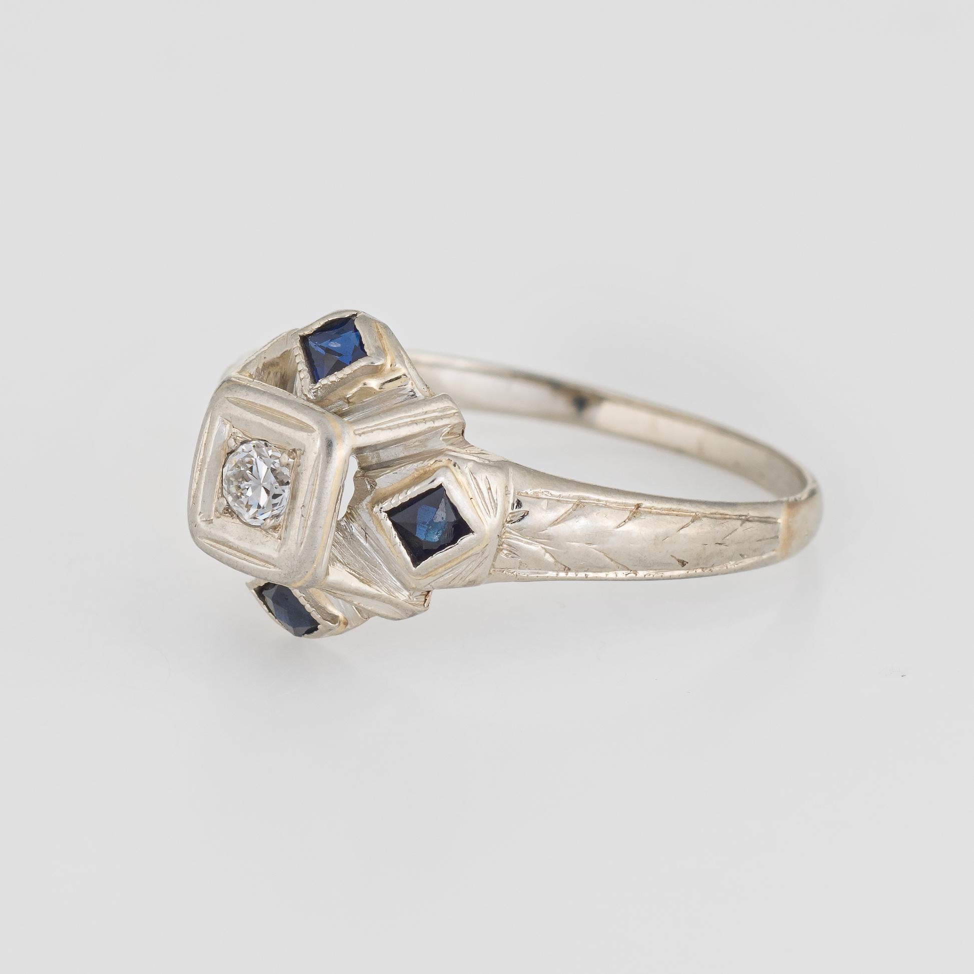 Old European Cut Antique Deco Diamond Sapphire Ring 20k White Gold Vintage Fine Jewelry 6.25 For Sale
